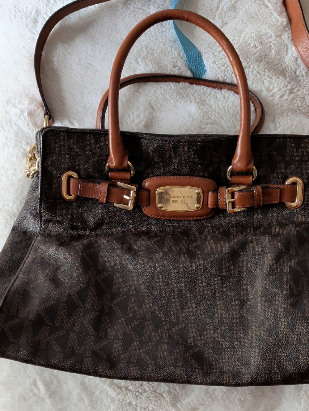 Michael Kors Brown MK Logo Satchel with Tan Leather Trim